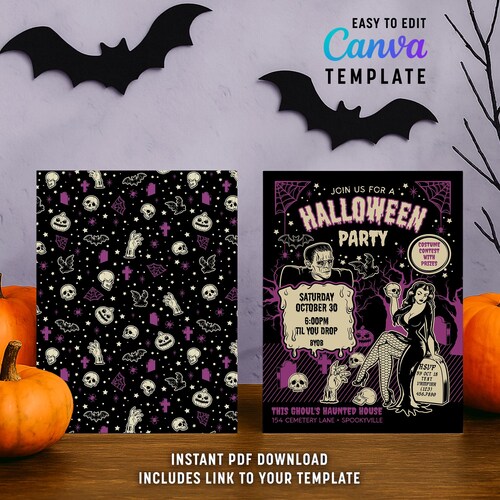 Plantilla de Canva para invitación gótica de Halloween retro, diseño de pin-up, disfraz negro y morado para adultos, descarga digital, invitación personalizada para fiesta.