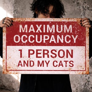 Op de afbeelding: Een rechthoekig metalen bord met een verweerde, roestige uitstraling. De bovenkant is rood met de witte woorden "MAXIMUM OCCUPANCY". Daaronder staat in het wit "1 PERSON AND MY CATS".