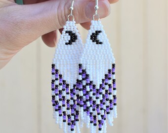 White, Black and Purple Moon Beaded Fringe Earrings, Seed Bead Earrings, Fringe Earring, Jewelry, Boho, Witchy, Handmade, Ombre