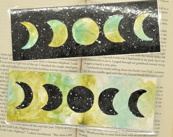 Moon Cycle Alcohol Ink Bookmark, Handmade, Laminated, Waterproof, Gift For Reader, Bookish, Quitter Stick