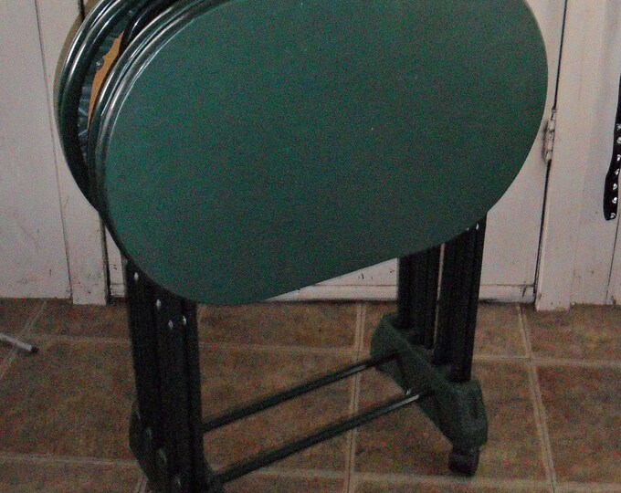 Vintage Cosco Green Oval TV Tray Tables Folding Snack / Dinner Tables