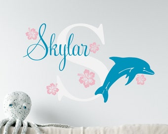 Dolphin Name Wall Decal Personalized Name Decal With Flowers Ocean Beach Nursery Decal For Girls Room Wall Sticker For Teen Girl Bedroom