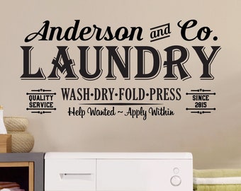 Personalized Laundry Room Decal - Vintage Style Wall Sticker with Name and Date for Laundry Room Wall Decor or DIY Laundry Sign LQ003