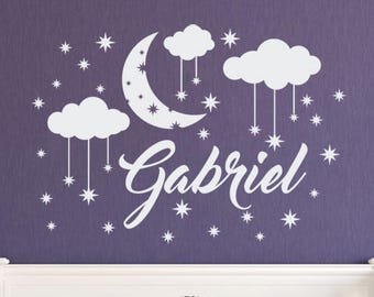 Name Wall Decal - Boy Name Decal - Moon Stars Clouds Nursery Wall Decal - Baby Boy Nursery Name Decal - Boys Name Decal Wall Sticker CN032