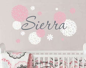 Name Wall Decal Girl - Dahlia Flower Wall Decal Stickers - Baby Girl Nursery Decal - Girl Name Decal - Personalized Vinyl Wall Decal GN062