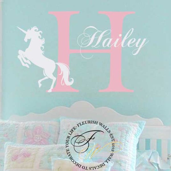 Unicorn Wall Decal Personalized With Initial And Name For Girl Baby Nursery Or Teen Girls Room Princess Theme Vinyl Wall Art GN056