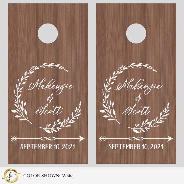 Wedding Cornhole Decals Custom Personalized Corn Hole Decals with Wreath Bride and Groom Names Established Date for Wedding Decor Lawn Games