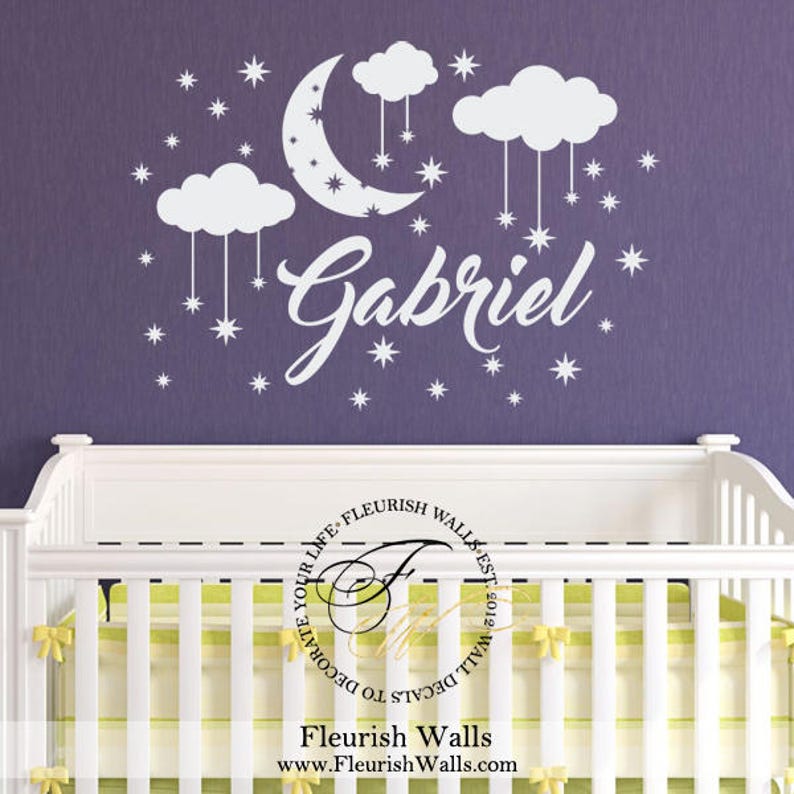 name wall decal boy name decal moon stars clouds nursery | etsy
