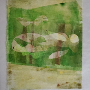 May include: Abstract art print with a green, yellow, and white color scheme. The print features a series of overlapping shapes and lines. The title "Dreaming" is written in the bottom left corner and the artist's name "Rebecca Hodel" and the year "2020" are written in the bottom right corner.