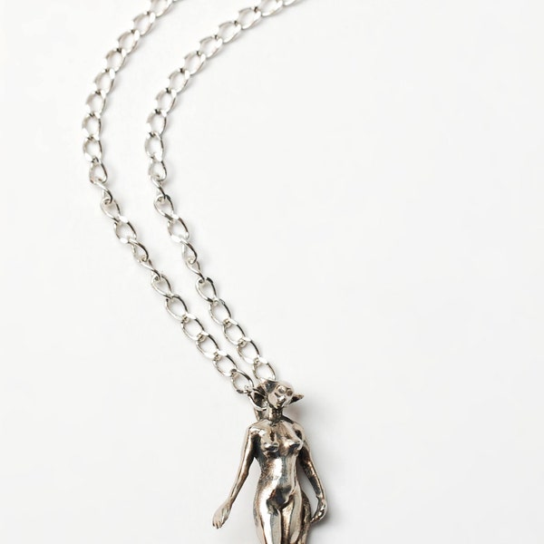 Bast, Goddess of Cats necklace in white bronze by Bakutis