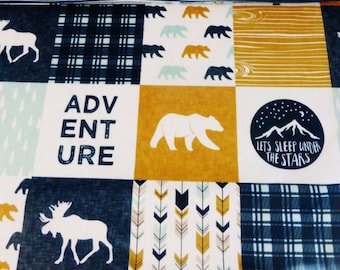 Happy Camper Minky, Minky Baby Blanket, Woodland Blanket, Adventure Blanket, Bear and Elk in Navy