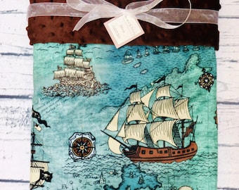 Pirate Baby Blanket, Pirate Minky Baby Blanket, Pirate Ship~Map Baby Blanket, Personalization Option, Treasure Map