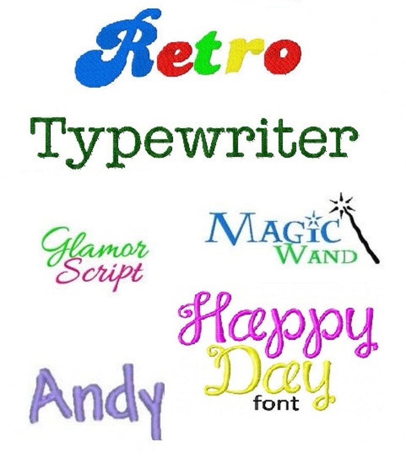 May include: A collection of colorful fonts, including "Retro Typewriter", "Glamor Script", "Magic Wand", "Happy Day font", and "Andy".