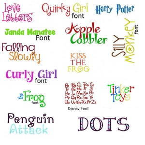 May include: A colorful image with various font styles and names, including "Love Letters", "Quirky Girl", "Harry Potter", "Janda Manatee", "Apple Cobbler", "Falling Slowly", "Curly Girl", "Kiss The Frog", "Silly Monkey", "Tinker Toys", "Penguin Attack", and "DOTS".