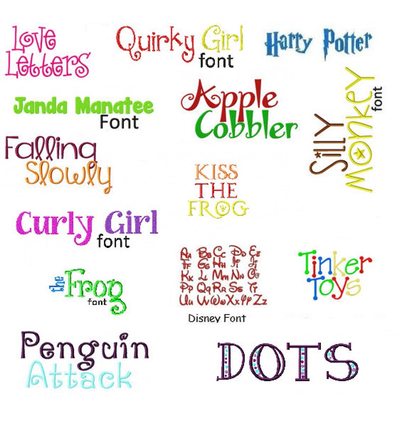 May include: A colorful image with various font styles and names, including "Love Letters", "Quirky Girl", "Harry Potter", "Janda Manatee", "Apple Cobbler", "Falling Slowly", "Curly Girl", "Kiss The Frog", "Silly Monkey", "Tinker Toys", "Penguin Attack", and "DOTS".