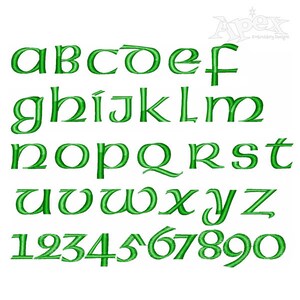 May include: A green alphabet and numbers font with a cursive style. The letters and numbers are outlined in a darker green.