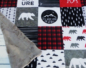Happy Camper Minky Blanket, Minky Baby Blanket, Adventure Blanket, Woodland Baby Blanket, Bear Elk Baby Blanket, Personalization Option