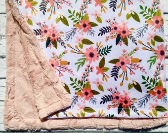 Floral Minky Baby Blanket, Coral Sprigs and Blooms Baby Blanket, Coral Baby Blanket, Personalization Option