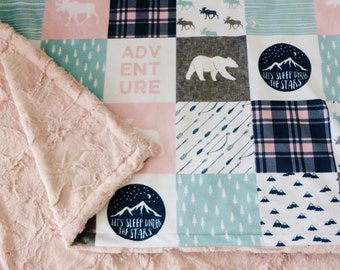 Happy Camper Minky Blanket, Personalization Option,Minky Baby Blanket, Woodland Blanket, Adventure Blanket, Baby Bear Blanket