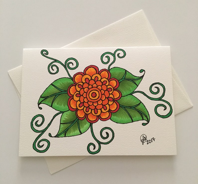 Orange Zinnia Flower Greeting Card 5x7 Copic Marker illustration