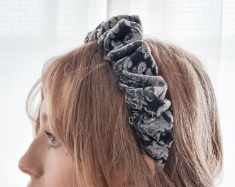 The scrunchy headband, grey animal print velvet brocade headband