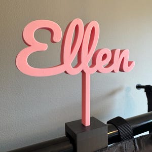 May include: A pink wooden sign with the name "Ellen" in a cursive font. The sign is attached to a black base and is mounted on a black rod. The background is a light gray wall.