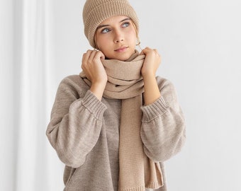 Long Scarf in light brown 100% organic alpaca wool shawl for men women knitted blue pink white orange camel scarf for her Christmas gift