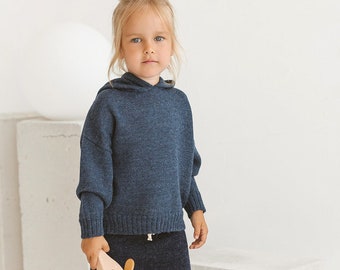 Pull à capuche en alpaga bleu tricoté pour enfants en 100% bébé alpaga vêtements biologiques écologiques garçons filles pull à capuche en laine douce marron gris