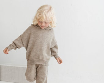 Beige kids hoodie knitted in 100% baby alpaca boy jumper eco friendly organic clothing girl hooded sweater soft wool brown gray camel black