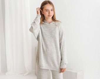 Alpaca hoodie in 100% baby alpaca wool knitted warm lounge style hooded sweatshirt for women in gray brown dark denim white neutral colors