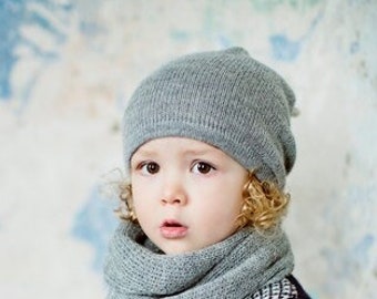 Slouchy hat // Kids gray hat / baby / children / alpaca wool slouchy beanie / over-sized hat with a white loop /  knit unisex hat