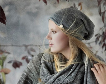 Slouchy beanie for woman / man / hat / knitted in alpaca wool /  gray adult hat / warm cap / alpaca hat / alpaca wool cap