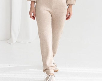 Alpaca pants women's in 100% baby alpaca wool eco friendly relaxed jogger pants soft sweatpants in beige neutral brown blue pink loungewear