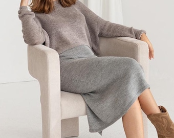 Knitted skirt with side slit midi length warm 100% alpaca wool customisable length gray brown black green blue pink winter column skirt gift