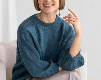 Alpaca jumper in teal blue 100% baby alpaca wool soft balloon sleeves relaxed fit sweater top for women white gray camel brown black gift