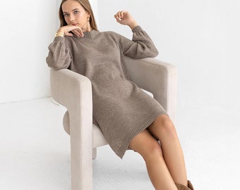 Sweater dress knee length in 100% baby alpaca wool