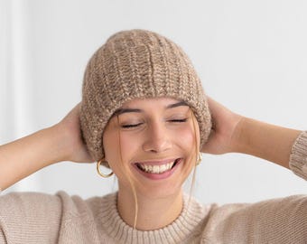Chunky alpaca hat bulky knitted cap in brown gray white color ribbed winter beanie in alpaca pima cotton fluffy winter cap warm beanie gift