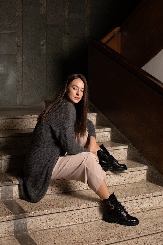 SALE long cardigan in 100% baby alpaca wool women warm casual loose coat sustainable natural dark gray brown denim blue minimalist cardigan