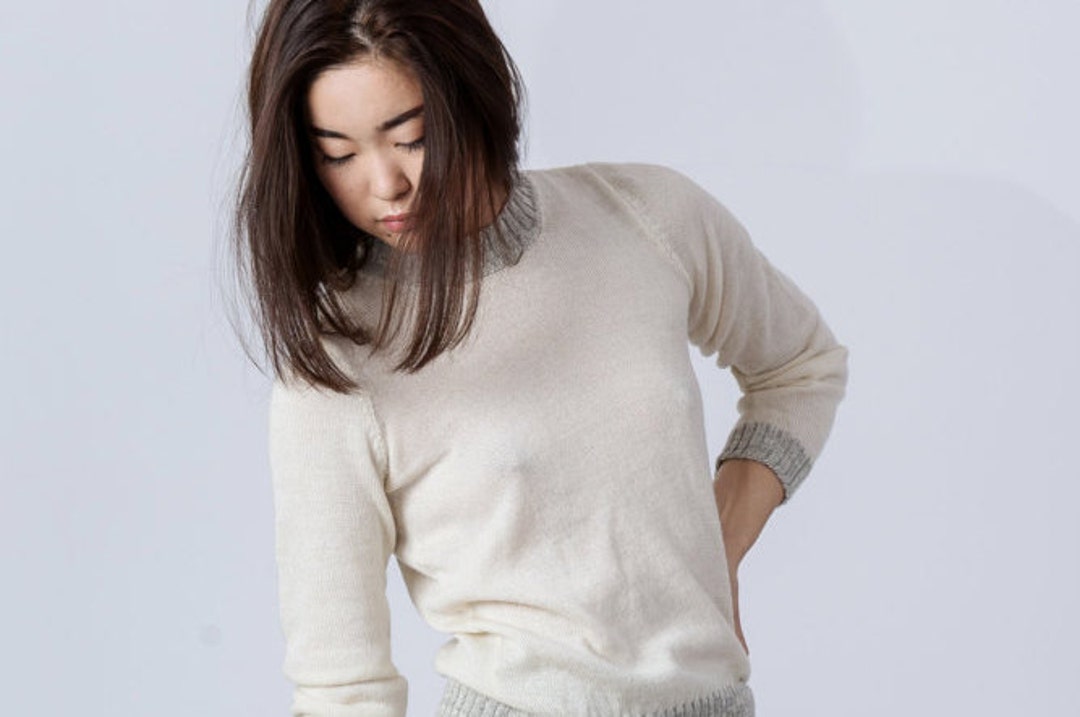 Ivory Crewneck Sweater in Extra-fine Knit Featuring Melange Rib Trim ...