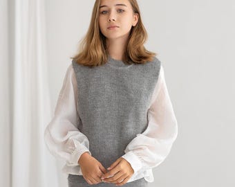 Ribbed sweater vest 100% baby alpaca wool knitted warm winter vest for women in gray white pink green brown black blue wool jumper gift
