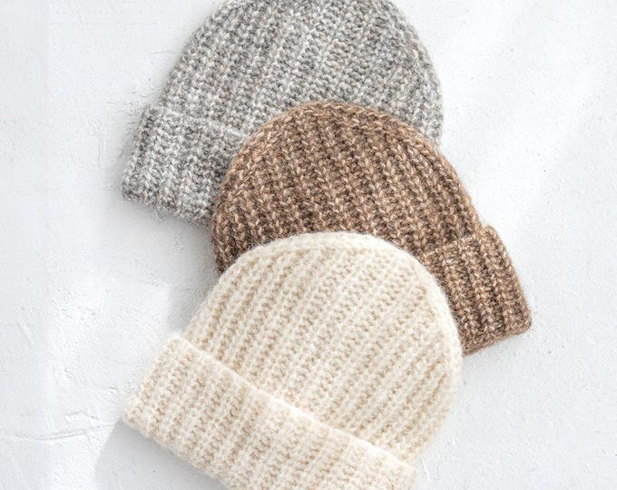 Featured listing image: Soft chunky hat in brown gray white color ribbed winter beanie in alpaca pima cotton blend fluffy winter cap