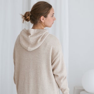 Extra long hooded sweater in 100% baby alpaca wool knitted warm lounge style hoodie sweatshirt for women gray neutral color gift for women image 3
