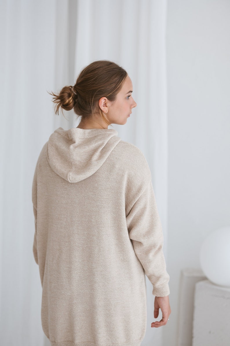 Extra long hooded sweater in 100% baby alpaca wool knitted warm lounge style hoodie sweatshirt for women gray neutral color gift for women image 3