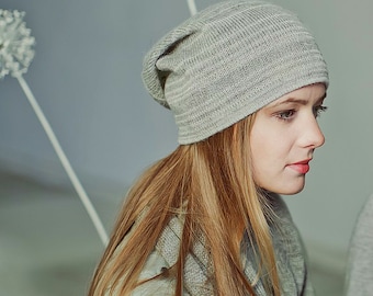 Slouchy melange 100% baby alpaca woman hat / adult / alpaca wool slouchy beanie / over-sized knit hat / white / gray / gray-white melange