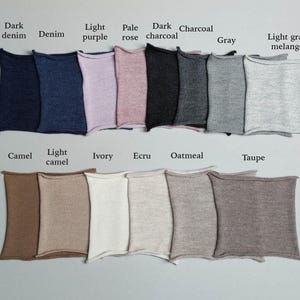 May include: Swatch cards of different colors of fabric, including dark denim, denim, light purple, pale rose, dark charcoal, charcoal, gray, light gray melange, camel, light camel, ivory, ecru, oatmeal, and taupe.