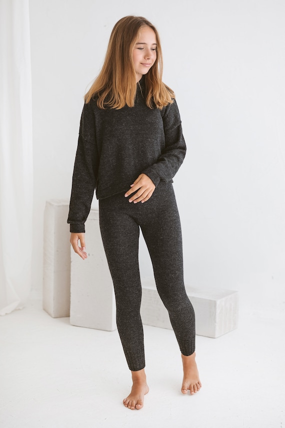Alpaca Wool Leggings for Woman 100% Baby Alpaca XS S M L Size Black Dark  Gray Blue Cream Brown Color Warm Winter Pants Cozy Loungewear 
