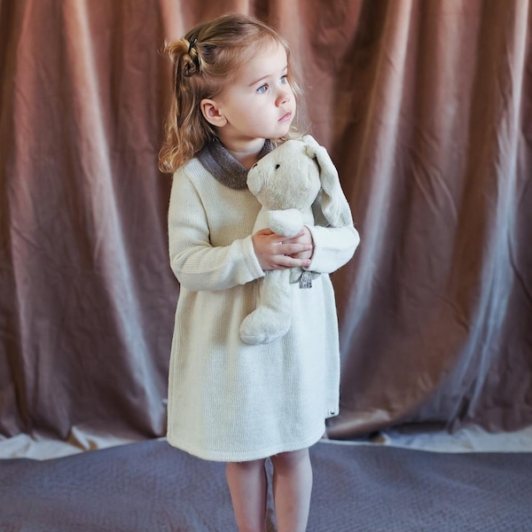 SALE 30% Dress with Peter Pan Collar / knitted baby alpaca dress / girls / toddler / children / kids / white with brown collar / size 2-3 Y