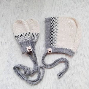 Baby gift set bonnet and mittens baby girl cap boy cap ivory white gray alpaca wool baby cap knit baby bonnet baby mittens baby shower gift