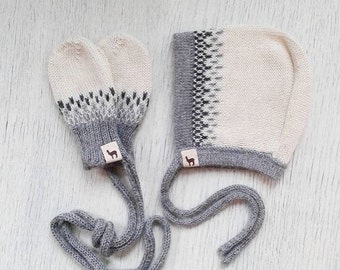 Baby gift set bonnet and mittens baby girl cap boy cap ivory white gray alpaca wool baby cap knit baby bonnet baby mittens baby shower gift