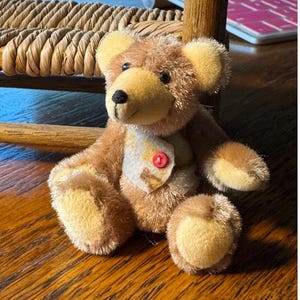 Peut inclure: Un petit ours en peluche avec une fourrure brune et des accents beiges sur les oreilles, les pattes et le museau. Il a un petit bouton rouge sur la poitrine et un bavoir crème. L'ours est assis sur une surface en bois.